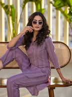 Yufta Purple Cotton Striped Print Co-Ord Set