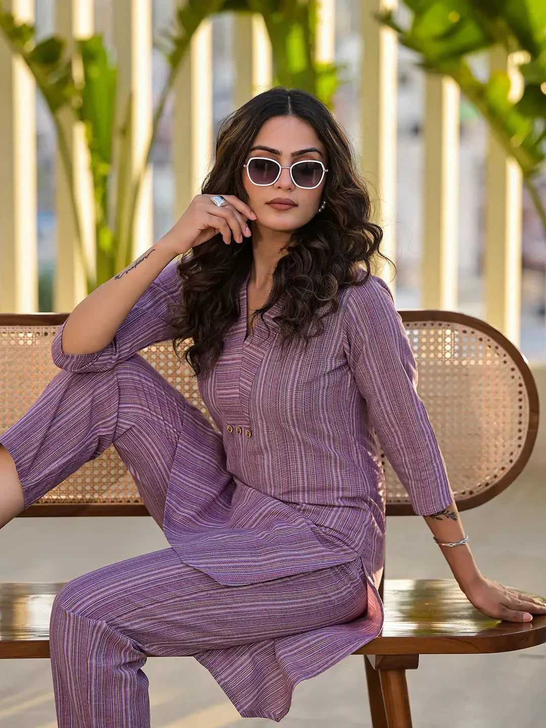 Yufta Purple Cotton Striped Print Co-Ord Set