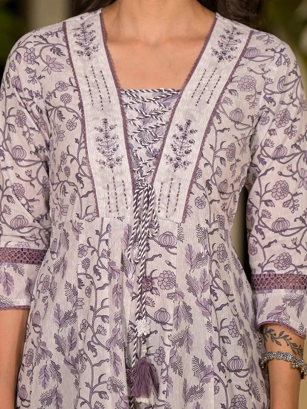 Yufta Purple Floral Print Kantha Work A-Line Dori Work Dress - Distacart