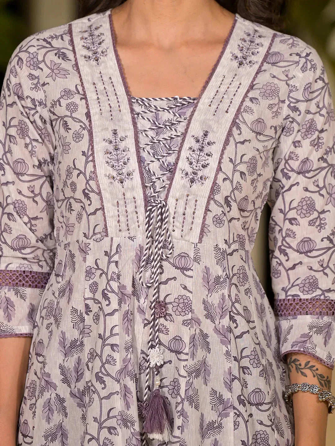 Yufta Purple Floral Print Kantha Work A-Line Dori Work Dress - Distacart