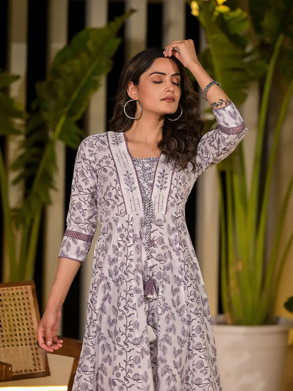 Yufta Purple Floral Print Kantha Work A-Line Dori Work Dress - Distacart