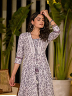 Yufta Purple Floral Print Kantha Work A-Line Dori Work Dress - Distacart