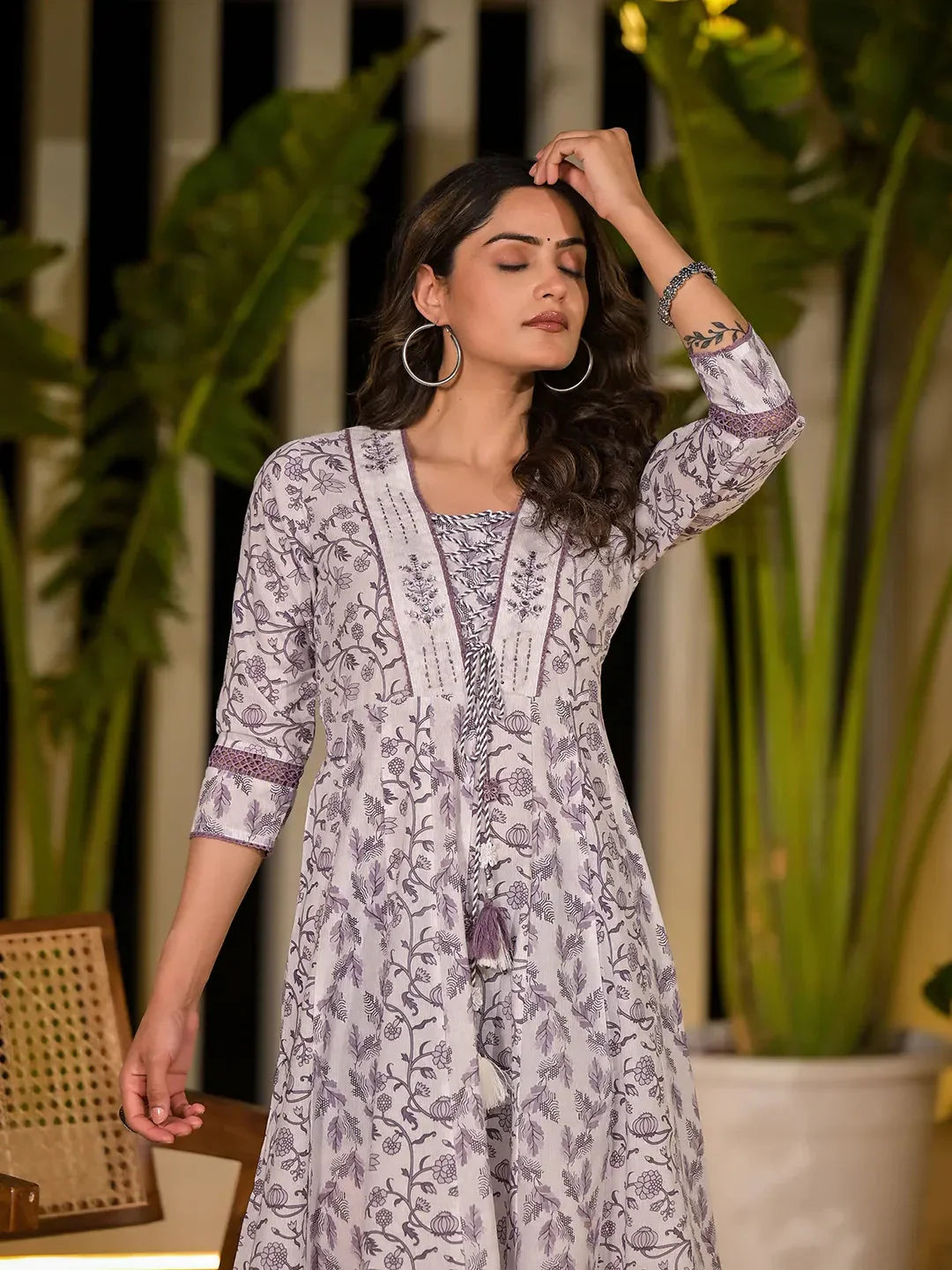 Yufta Purple Floral Print Kantha Work A-Line Dori Work Dress - Distacart