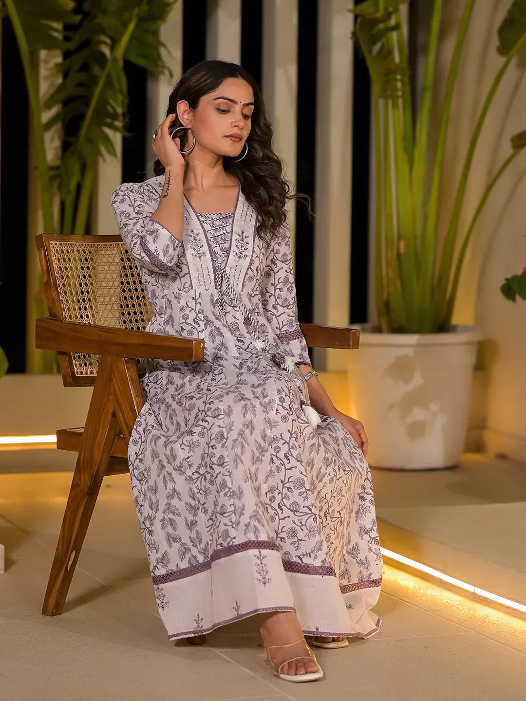 Yufta Purple Floral Print Kantha Work A-Line Dori Work Dress - Distacart