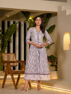 Yufta Purple Floral Print Kantha Work A-Line Dori Work Dress - Distacart