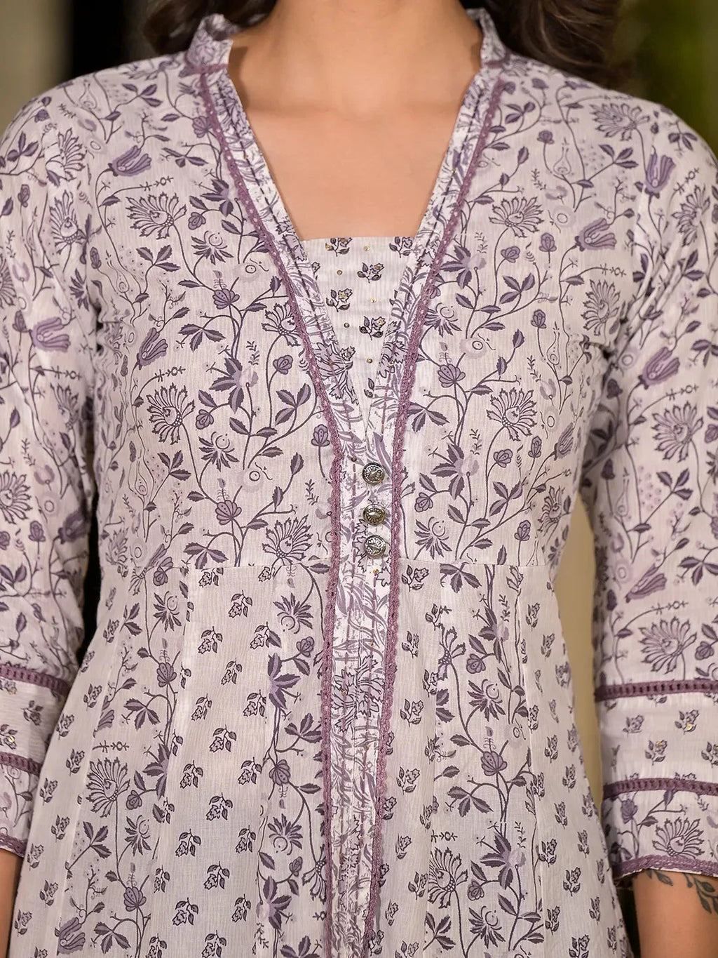 Yufta Purple Floral Print Kantha Work A-Line Dress - Distacart