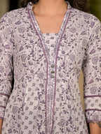 Yufta Purple Floral Print Kantha Work A-Line Dress - Distacart