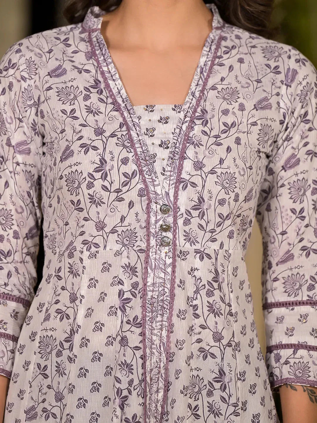 Yufta Purple Floral Print Kantha Work A-Line Dress - Distacart