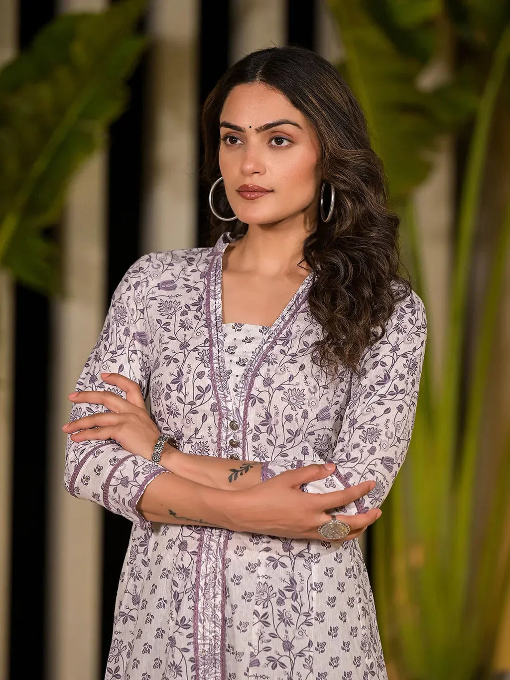 Yufta Purple Floral Print Kantha Work A-Line Dress - Distacart