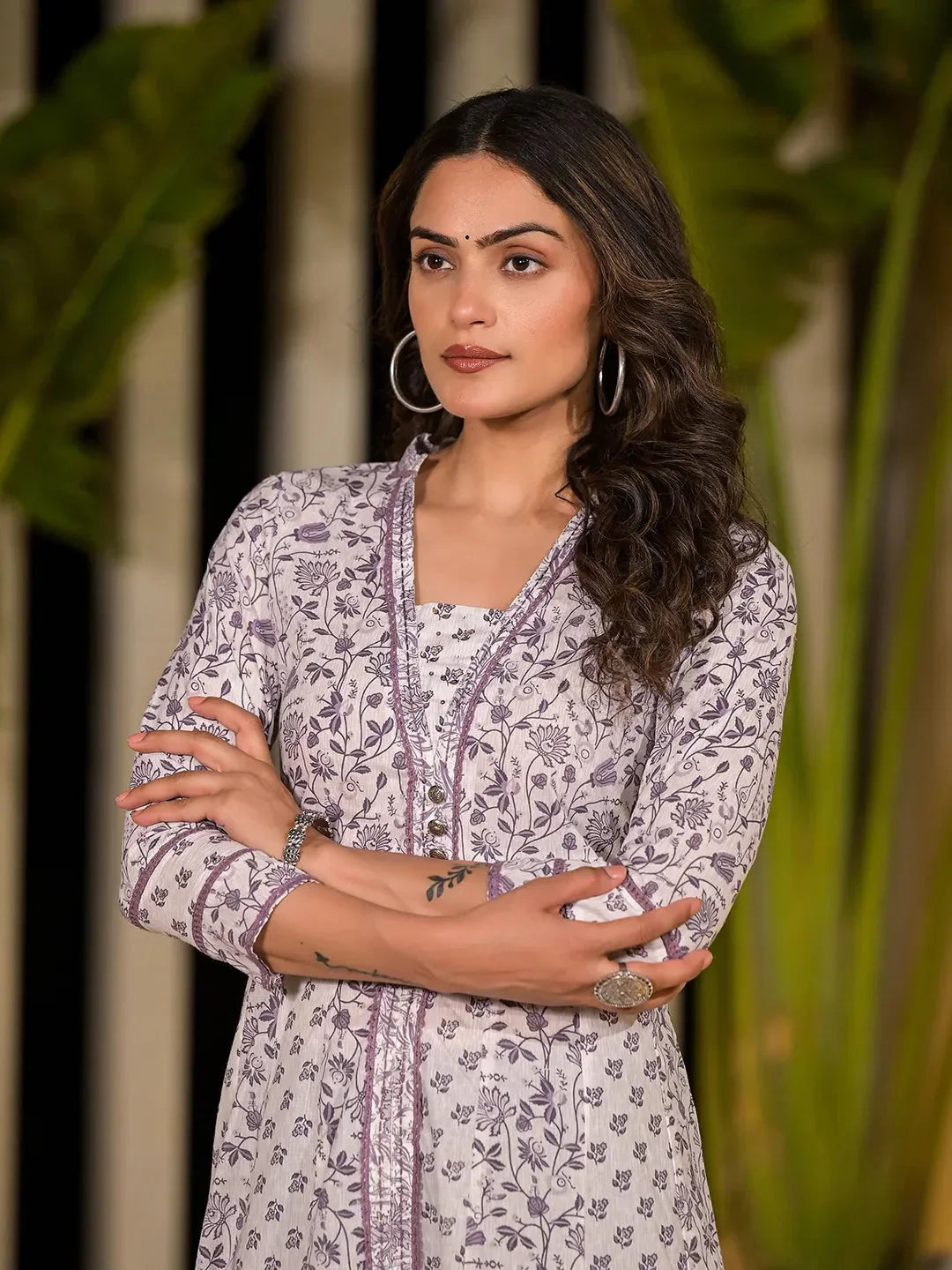 Yufta Purple Floral Print Kantha Work A-Line Dress - Distacart