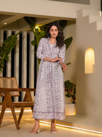 Yufta Purple Floral Print Kantha Work A-Line Dress - Distacart