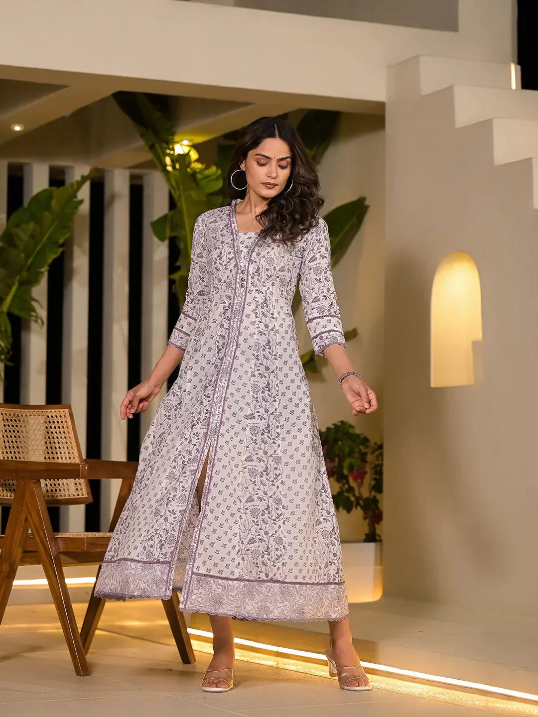 Yufta Purple Floral Print Kantha Work A-Line Dress - Distacart