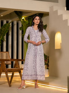 Yufta Purple Floral Print Kantha Work A-Line Dress - Distacart