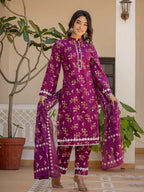 Yufta Purple Floral Print Straight Pakistani Style Kurta Trouser And Dupatta Set