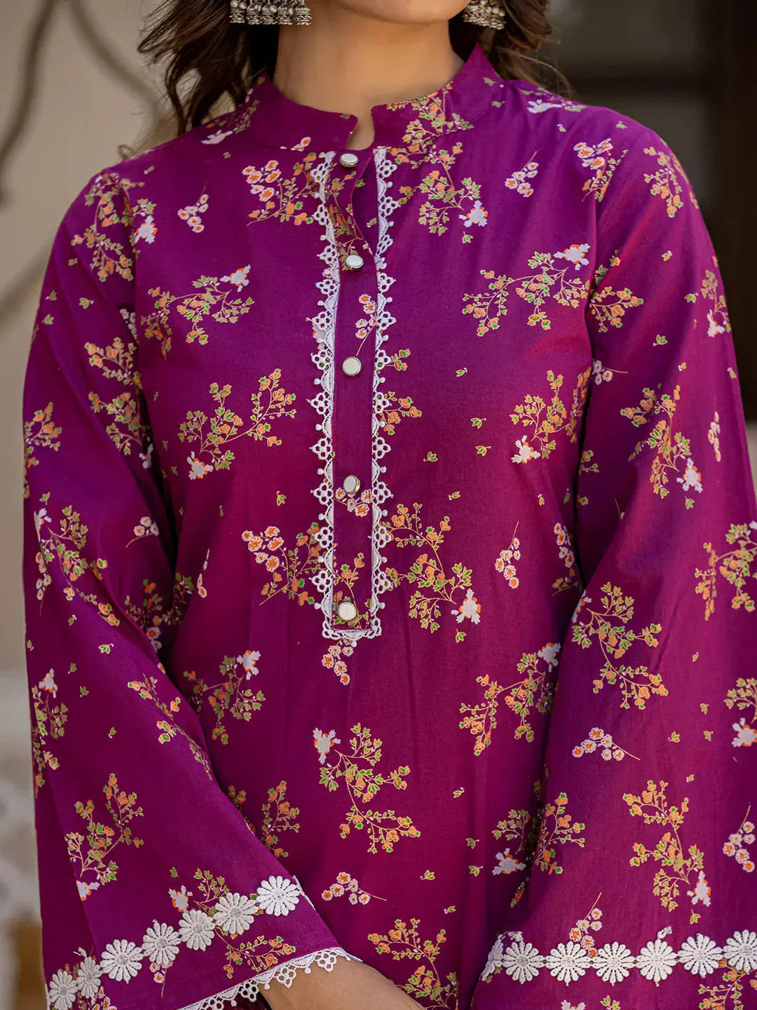 Yufta Purple Floral Print Straight Pakistani Style Kurta Trouser And Dupatta Set