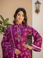 Yufta Purple Floral Print Straight Pakistani Style Kurta Trouser And Dupatta Set