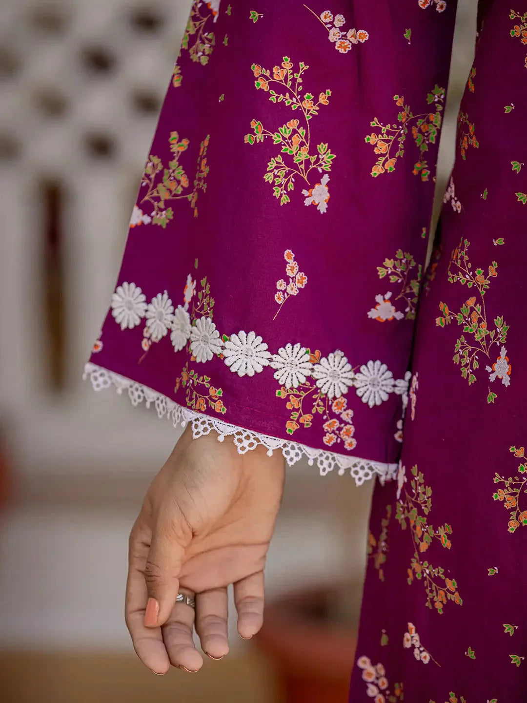 Yufta Purple Floral Print Straight Pakistani Style Kurta Trouser And Dupatta Set