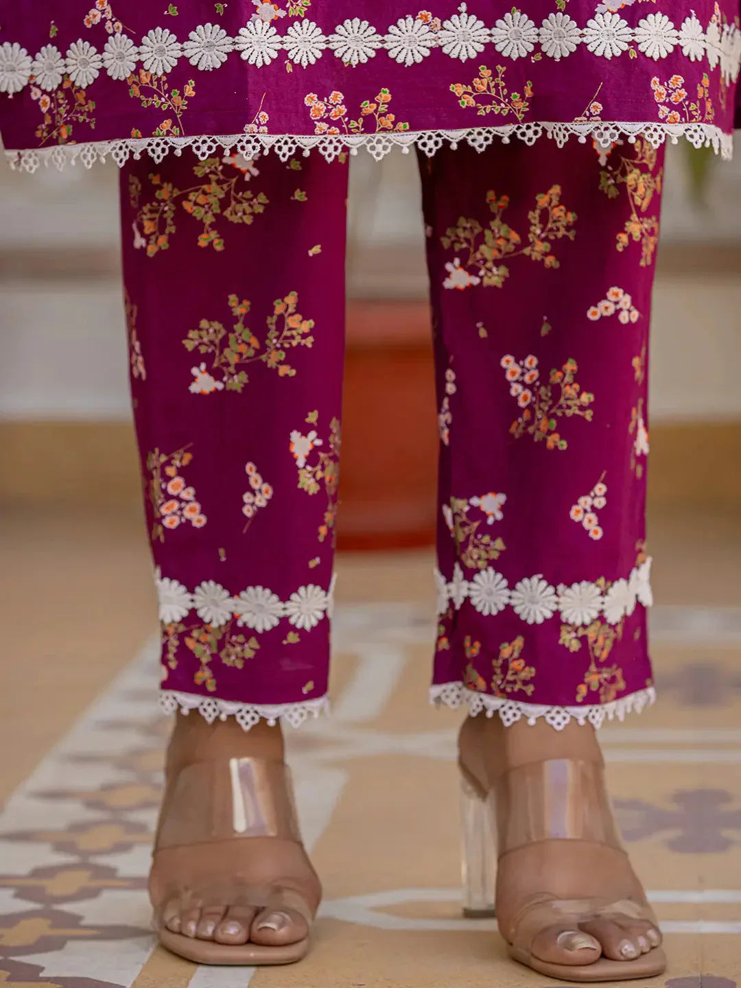 Yufta Purple Floral Print Straight Pakistani Style Kurta Trouser And Dupatta Set