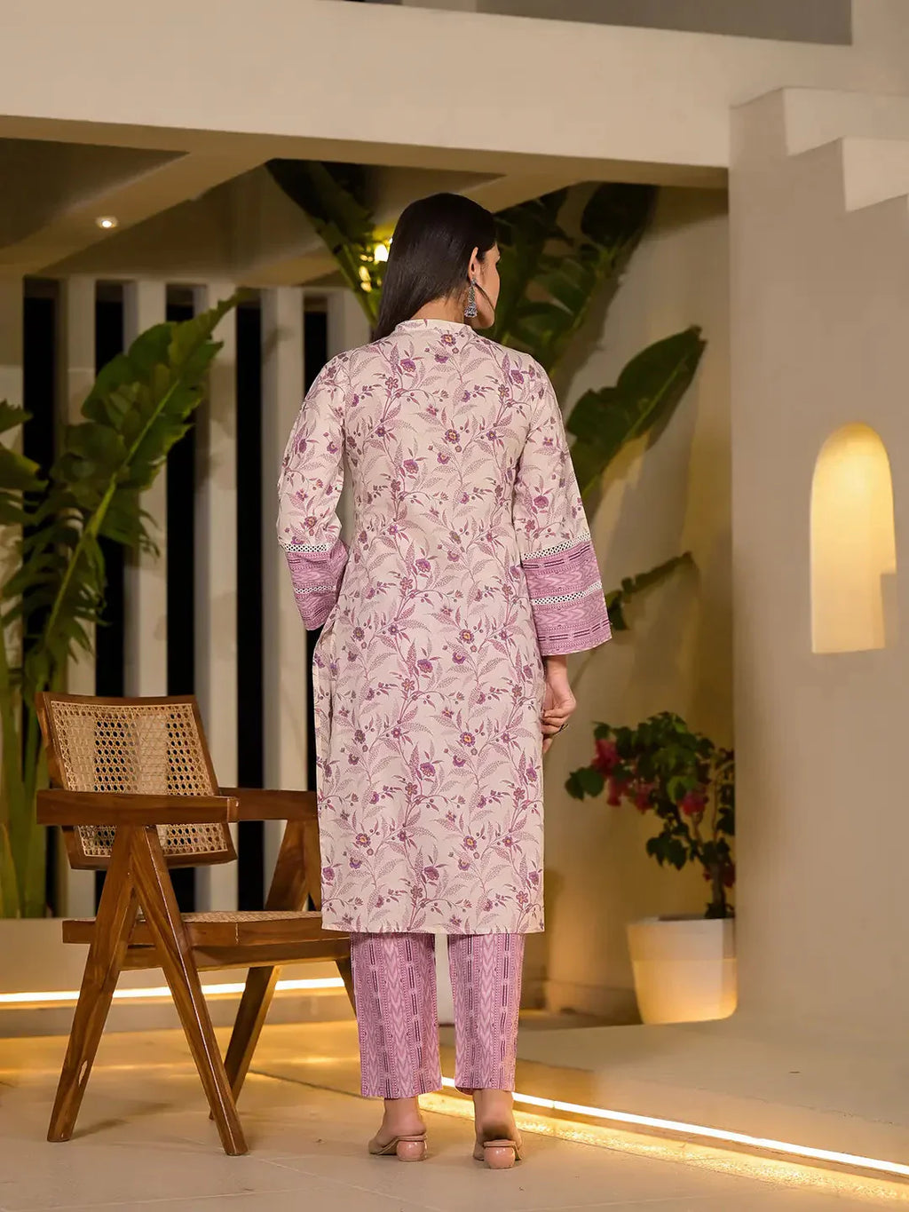 Yufta Purple Leaf Print Cotton Pakistani Style Kurta With Trousers With Dupatta Set