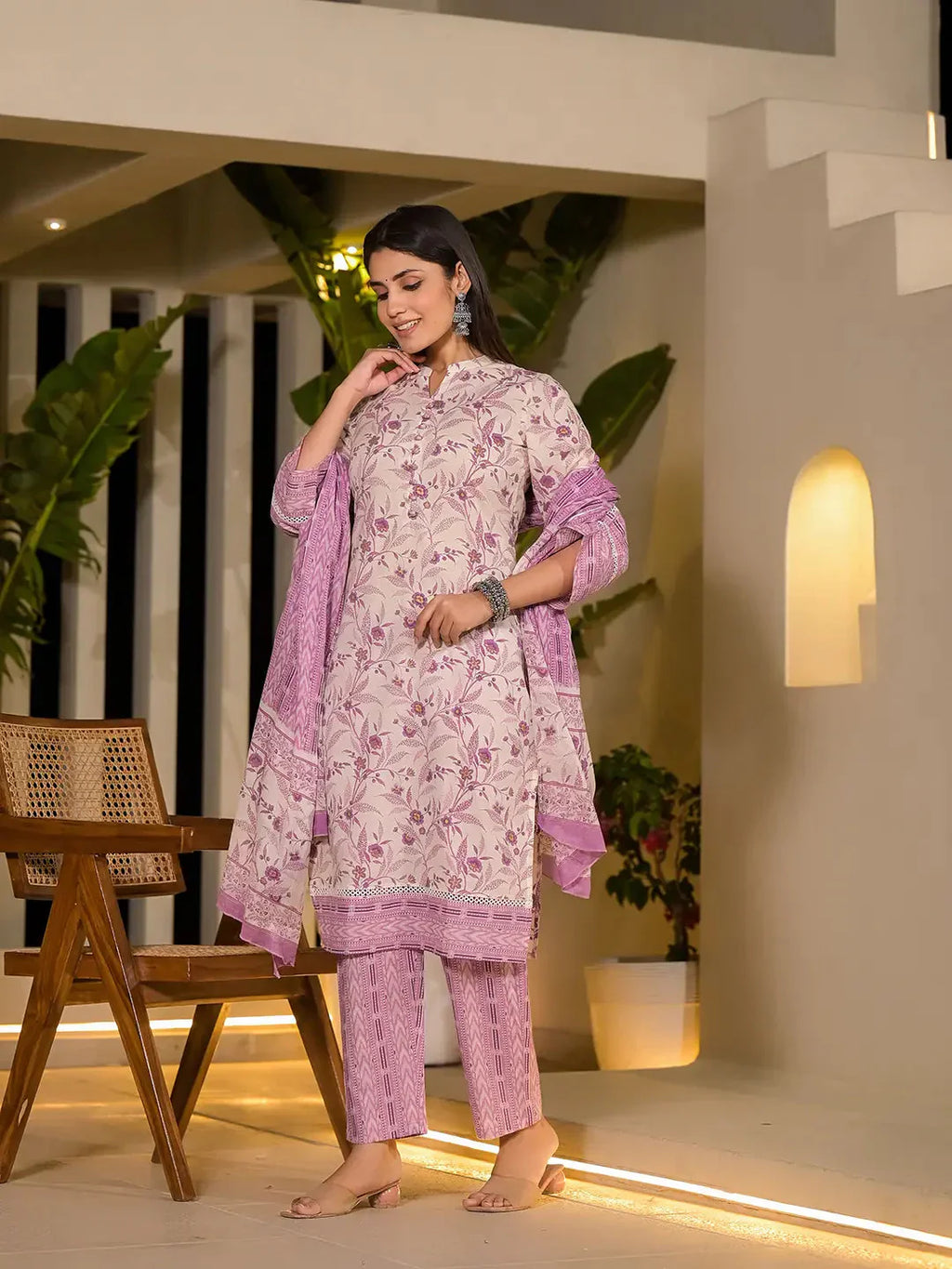 Yufta Purple Leaf Print Cotton Pakistani Style Kurta With Trousers With Dupatta Set