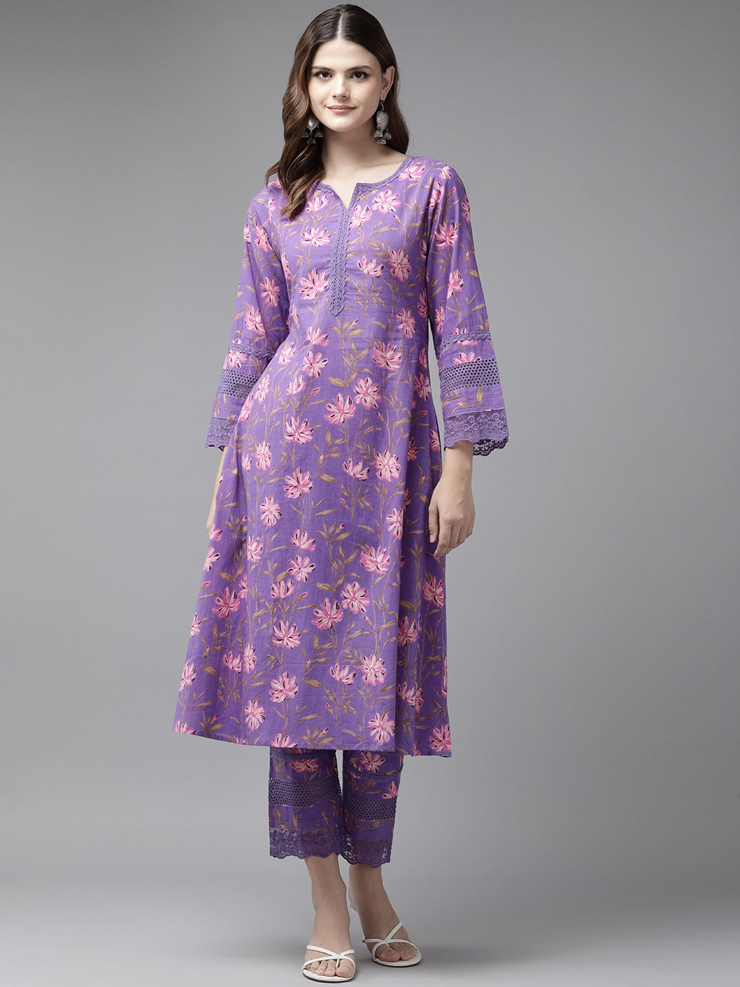 Yufta Purple Pure Cotton kurta set with embroidery Kurta Trouser Set