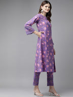 Yufta Purple Pure Cotton kurta set with embroidery Kurta Trouser Set