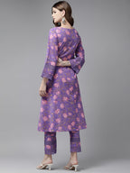 Yufta Purple Pure Cotton kurta set with embroidery Kurta Trouser Set