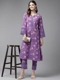 Yufta Purple Pure Cotton kurta set with embroidery Kurta Trouser Set