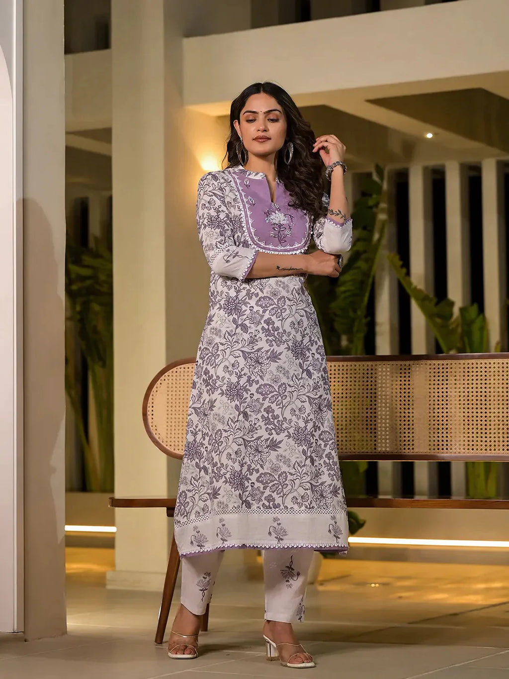 Yufta Purple Resham Embroidery Cotton Straight Kurta With Trouser Set