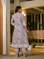 Yufta Purple Resham Embroidery Cotton Straight Kurta With Trouser Set