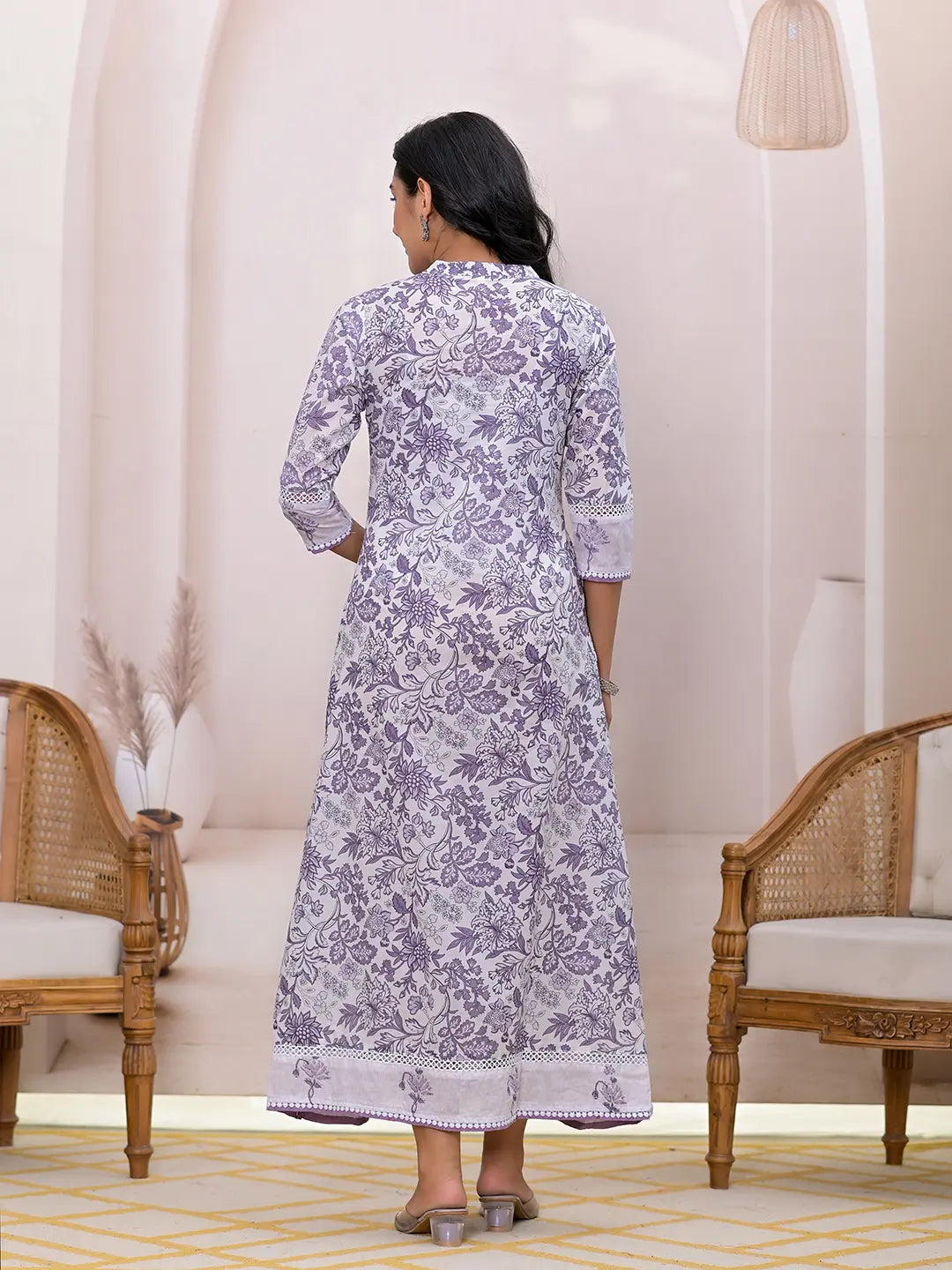 Yufta Purple Resham_Embroidery Cotton A-Liine Dress - Distacart