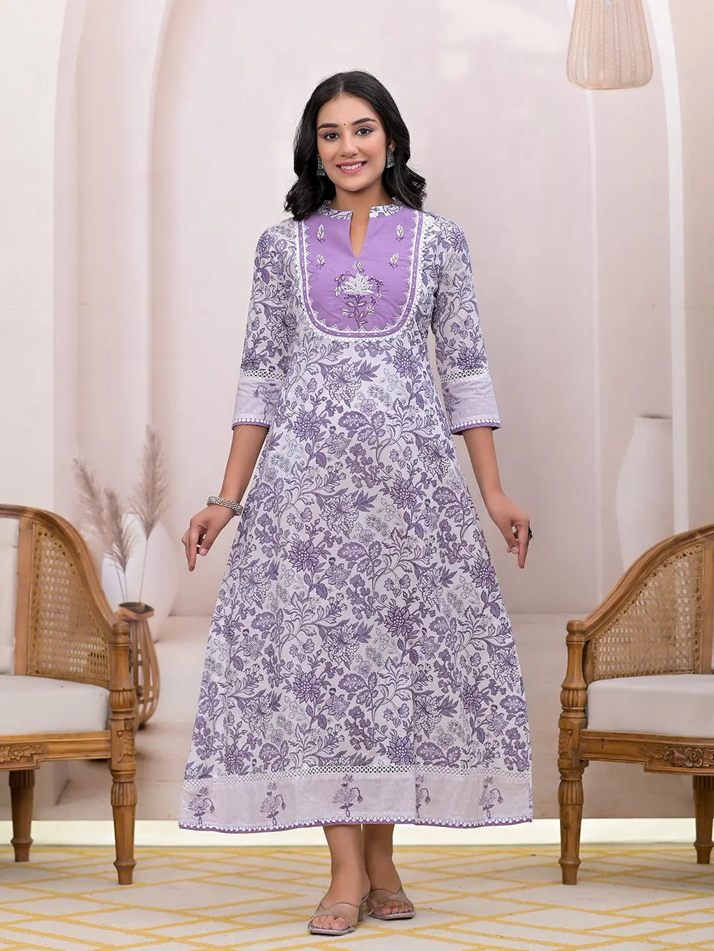 Yufta Purple Resham_Embroidery Cotton A-Liine Dress - Distacart
