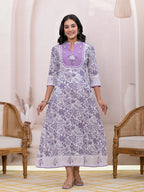 Yufta Purple Resham_Embroidery Cotton A-Liine Dress - Distacart