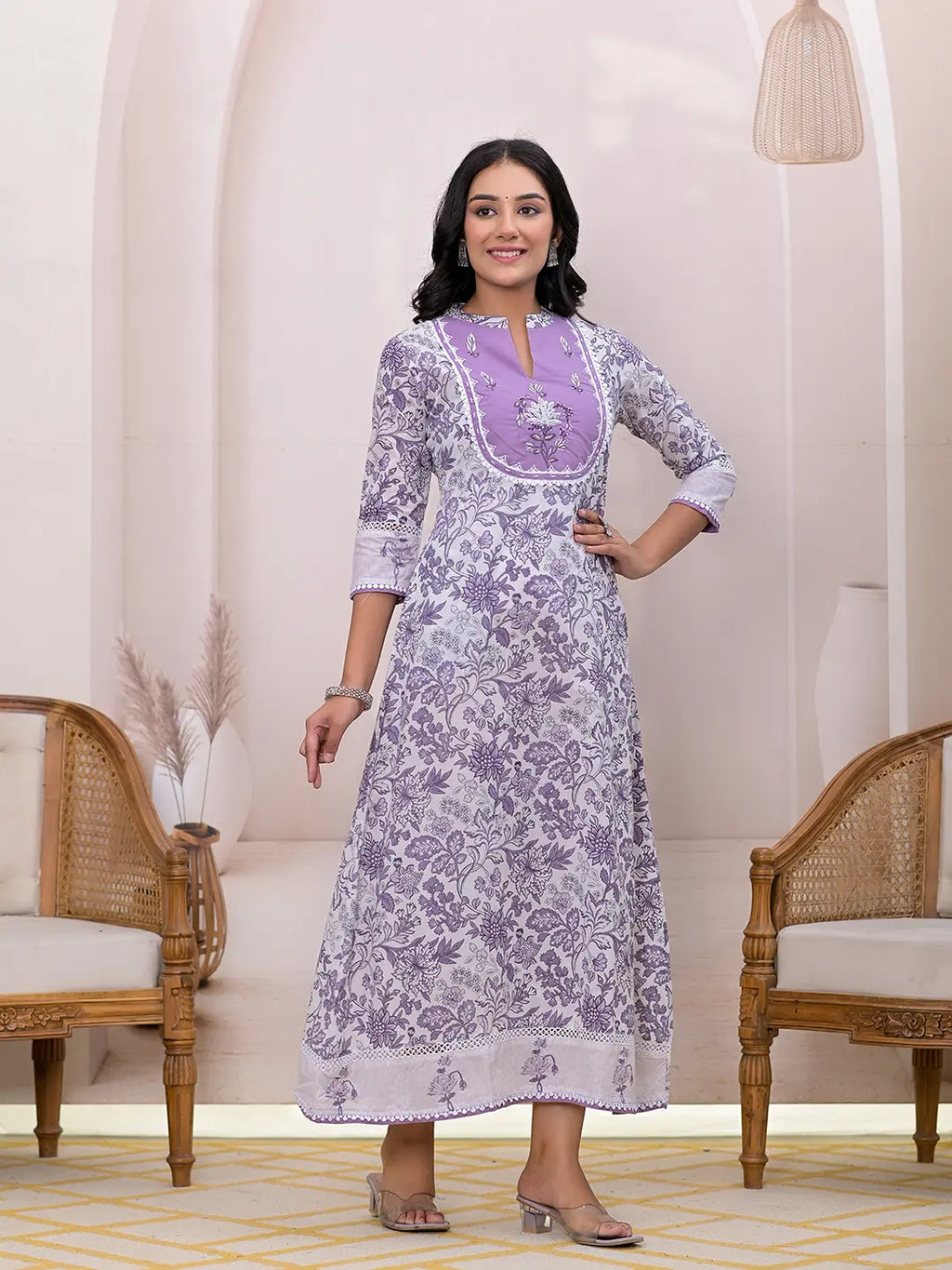Yufta Purple Resham_Embroidery Cotton A-Liine Dress - Distacart
