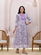 Yufta Purple Resham_Embroidery Cotton A-Liine Dress - Distacart