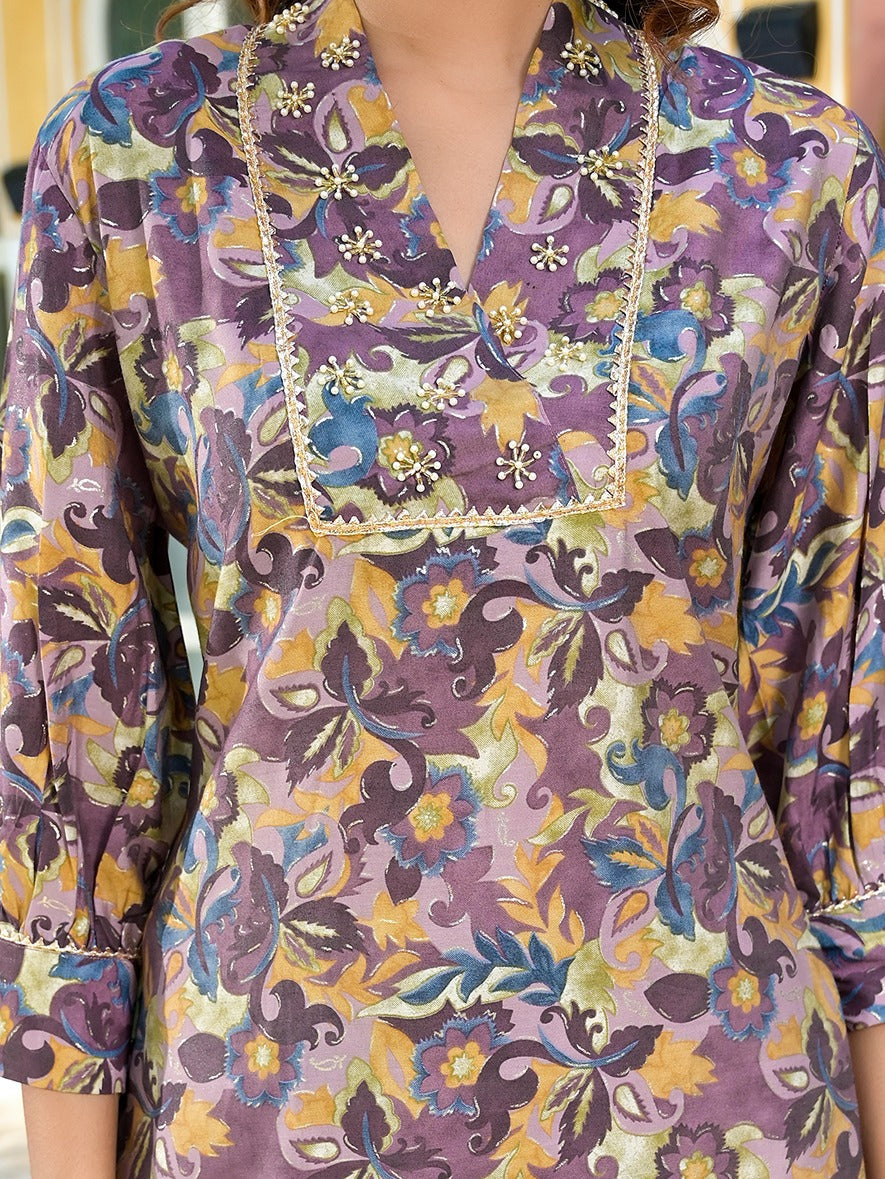 Yufta Purple Silk blend Floral Print Co-ord set