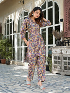 Yufta Purple Silk blend Floral Print Co-ord set