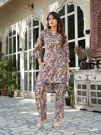 Yufta Purple Silk blend Floral Print Co-ord set