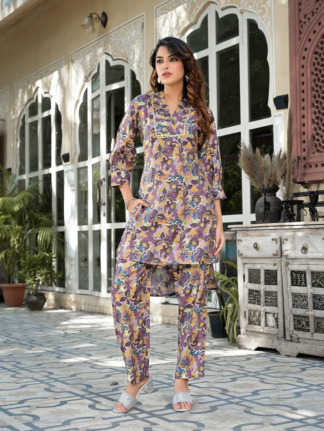 Yufta Purple Silk blend Floral Print Co-ord set