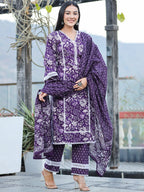 Yufta Purple pure Cotton kurta dupatta set with Thread_Work detailing
