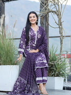 Yufta Purple pure Cotton kurta dupatta set with Thread_Work detailing