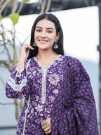 Yufta Purple pure Cotton kurta dupatta set with Thread_Work detailing