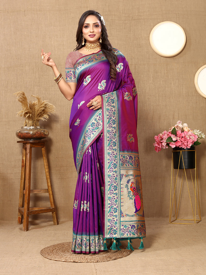 Lorenvalley Fashion Purple Soft Paithani Silk Woven Design Rich Meenakari Zari Weaving Pallu Saree
