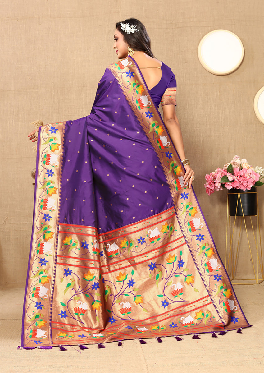 Lorenvalley Fashion Purple Soft Paithani Silk Woven Design Rich Zari Meenakari Weaving Saree