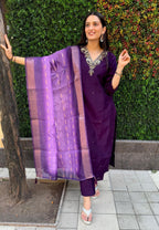 Lorenvalley Fashion Purple Roman Silk Hand Work Kurta Pant with Dupatta - Distacart
