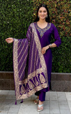 Lorenvalley Fashion Purple Roman Silk Hand Work Kurta Pant with Dupatta - Distacart