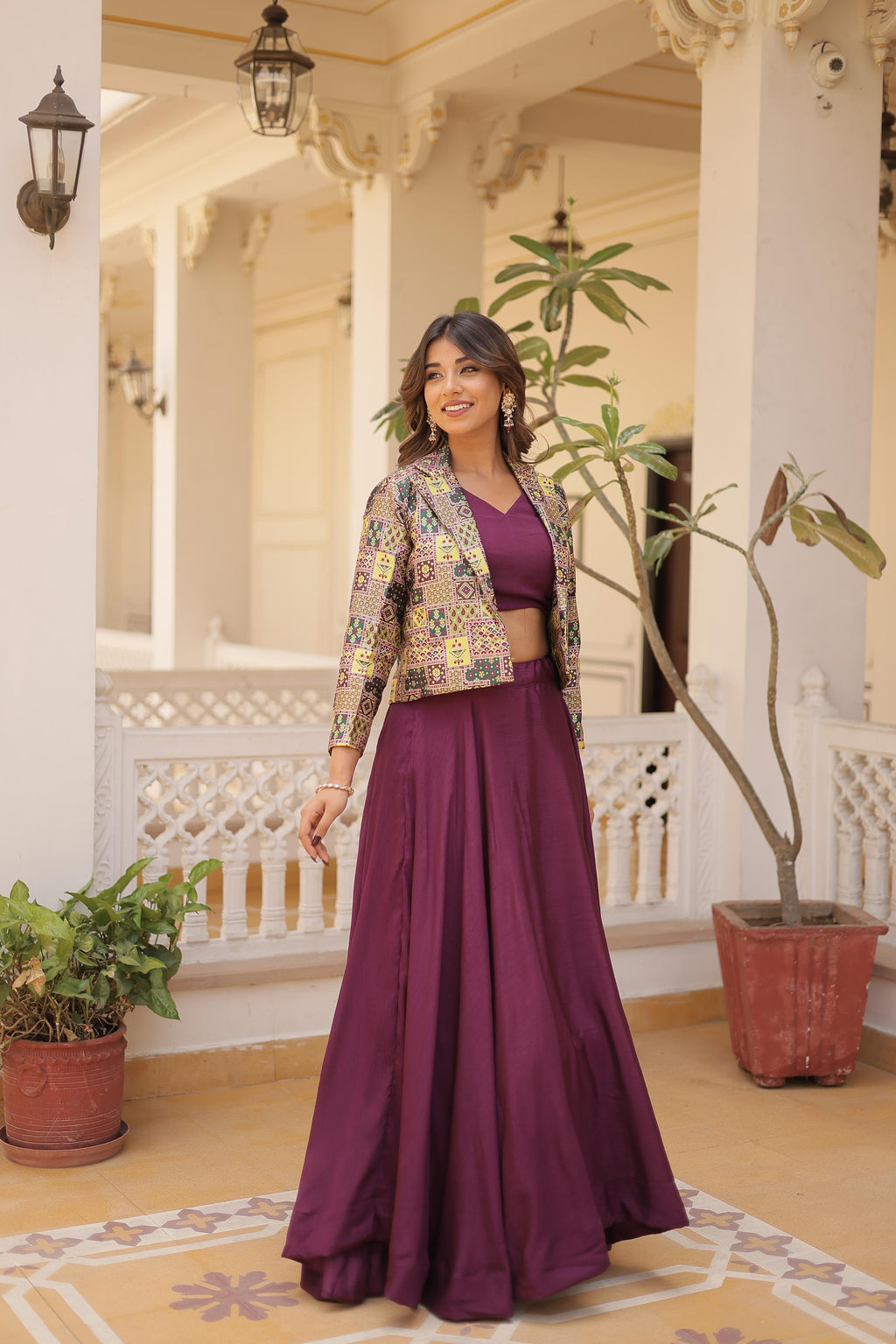 Lorenvalley Purple Premium Chinnon Lehenga Choli with Jacquard Woven Design Koti