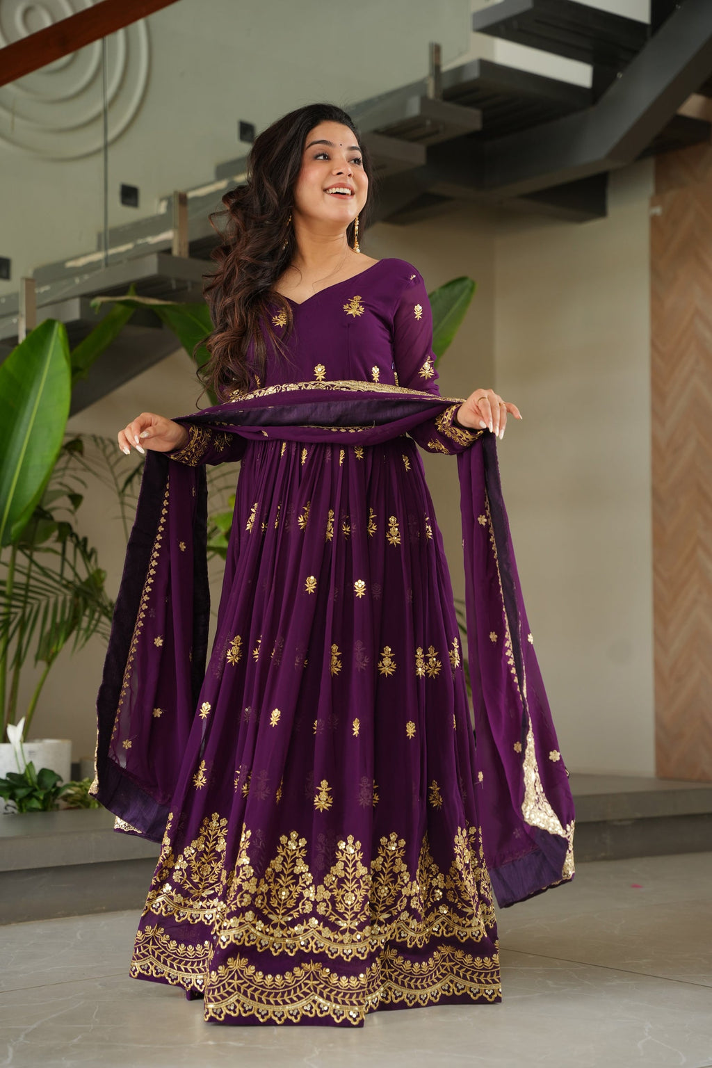 Lorenvalley Fashion Purple Faux Georgette with Zari & Sequins Embroidered Work Anarkali Gown with Dupatta - Distacart