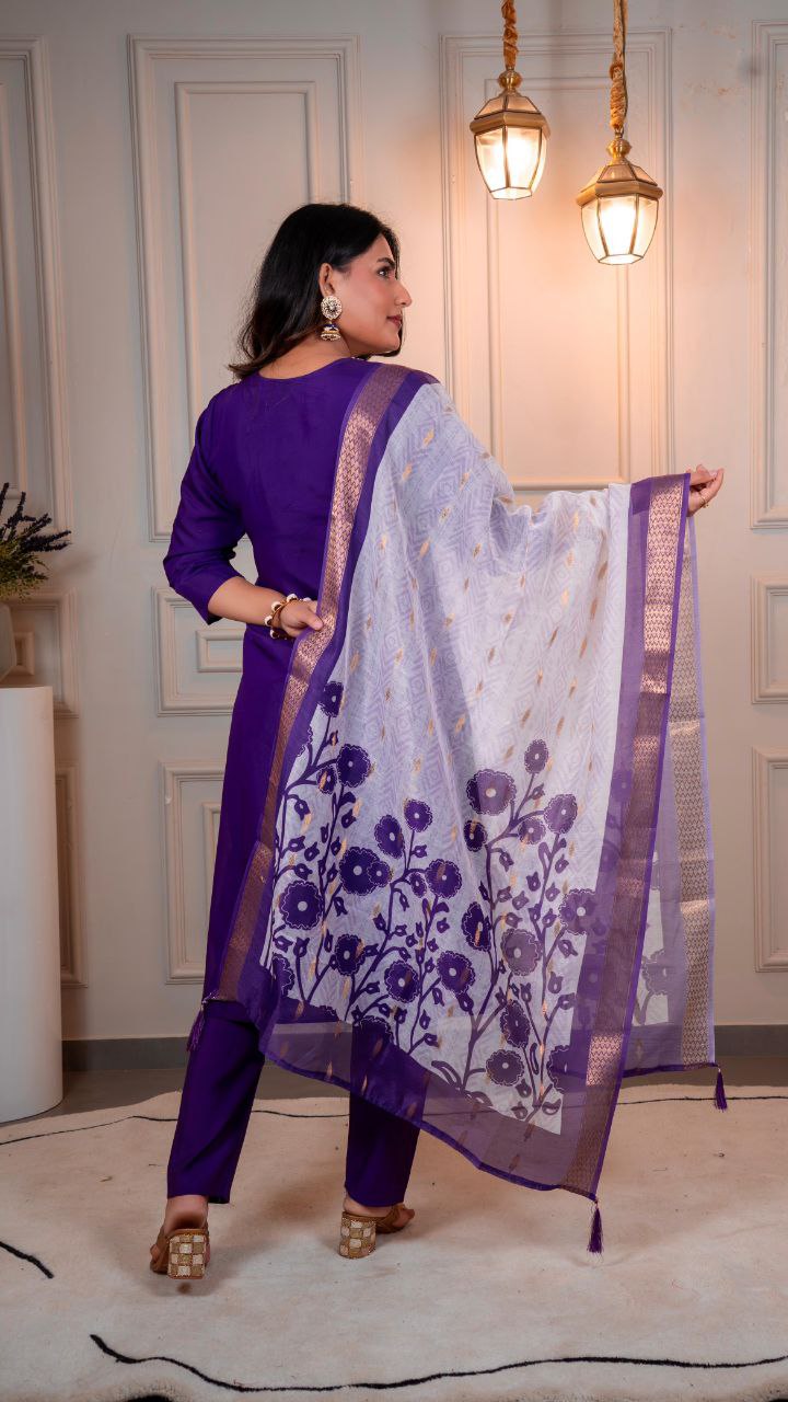 Lorenvalley Fashion Purple Roman Silk Hand Work Kurta Pant with Dupatta - Distacart