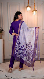 Lorenvalley Fashion Purple Roman Silk Hand Work Kurta Pant with Dupatta - Distacart